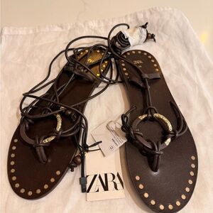 Zara Dark Brown Leather Sandals with Gold Accents
